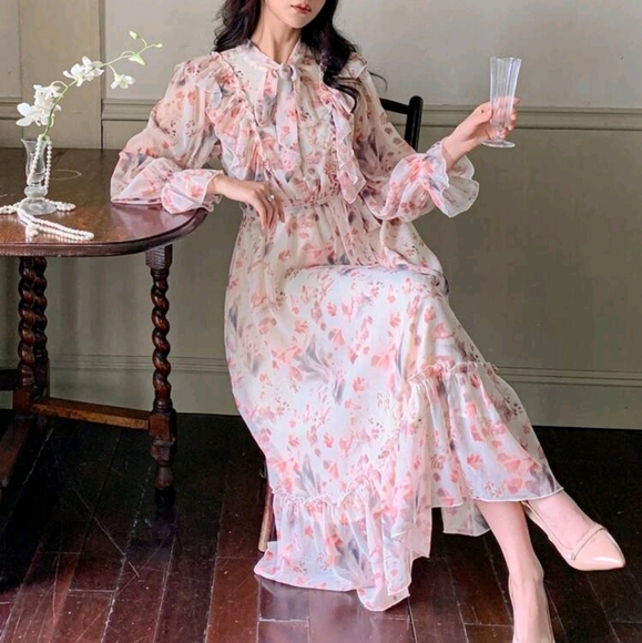 Women's Floral Mid-Length Dress, Spring/Summer, Suitable For Valentine's Day - Picture 1 of 7